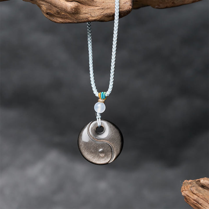 Buddha Stones Collier pendentif en obsidienne argentée, symbole Yin Yang et protection, orné d'un pendentif Yin Yang. - image 2