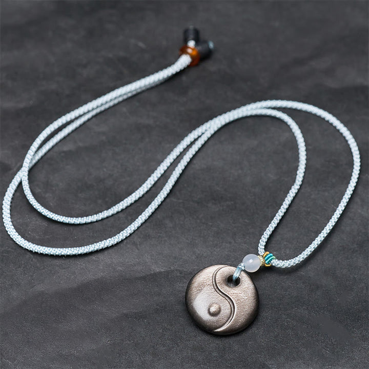 Buddha Stones Collier pendentif en obsidienne argentée, symbole Yin Yang et protection, orné d'un pendentif Yin Yang. - image 3