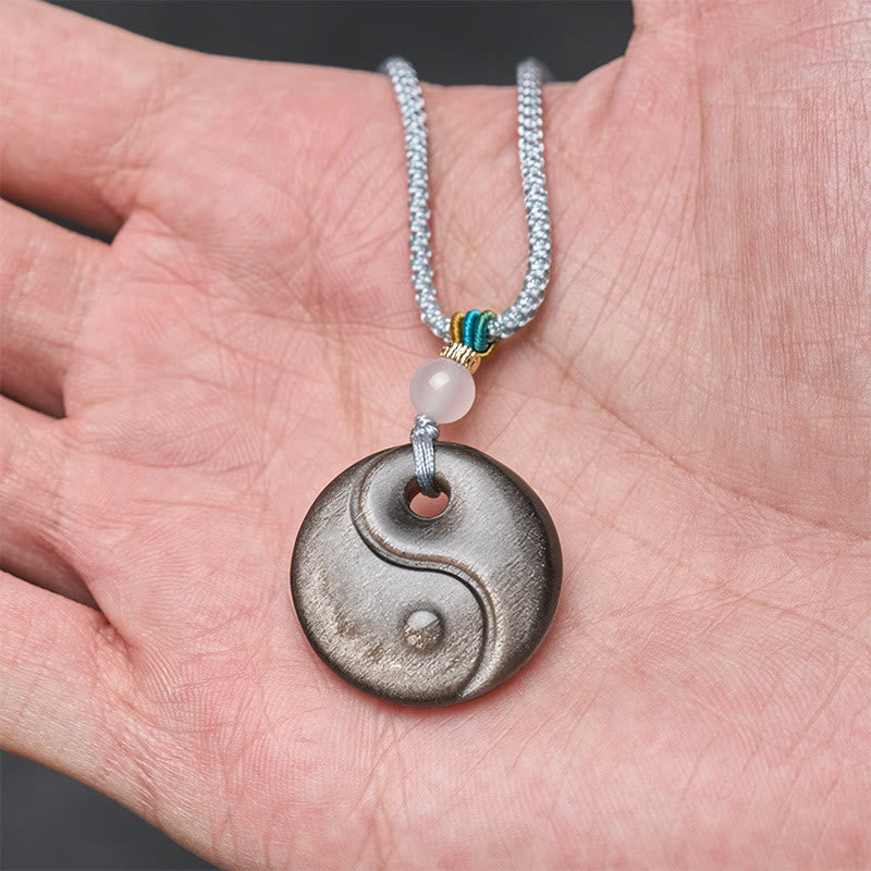 Buddha Stones Collier pendentif en obsidienne argentée, symbole Yin Yang et protection, orné d'un pendentif Yin Yang. - image 4