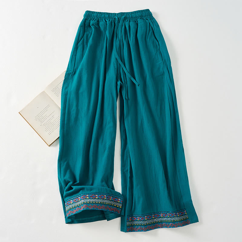 Pantalon large à rayures bohèmes unies Buddha Stones pour femme, avec poches - DarkCyan - US12，UK/AU16，EU44 (XL) - image 0