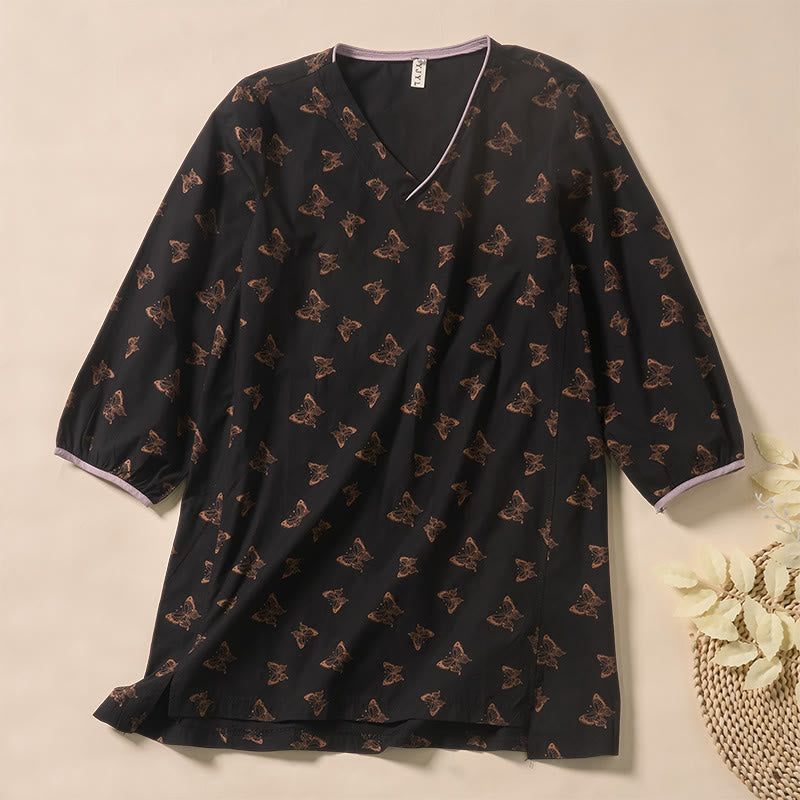 Buddha Stones Chemise à manches longues en polyester à col en V et motif papillon pour femme - Noir - US12，UK/AU16，EU44 (2XL) - image 6