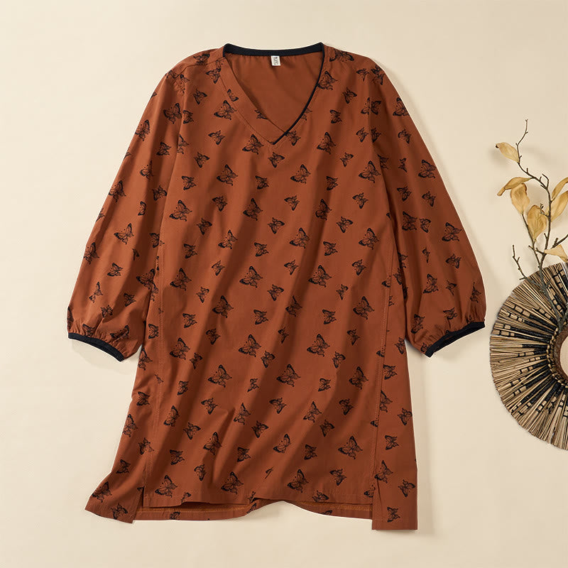 Buddha Stones Chemise à manches longues en polyester à col en V et motif papillon pour femme - Terre de sienne - US12，UK/AU16，EU44 (2XL) - image 0