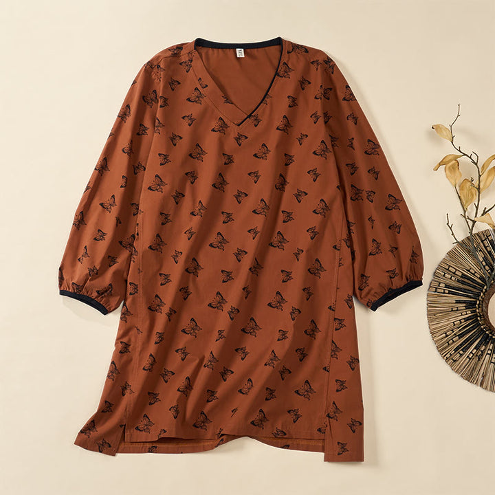 Buddha Stones Chemise à manches longues en polyester à col en V et motif papillon pour femme - Terre de sienne - US12，UK/AU16，EU44 (2XL) - image 0