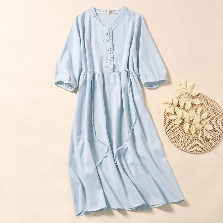Buddha Stones Robe midi en coton à manches courtes, plissée et boutonnée, idéale pour les trajets d'été - Bleu poudré - US8-10，UK/AU12-14，EU40-42 (2XL) - image 0
