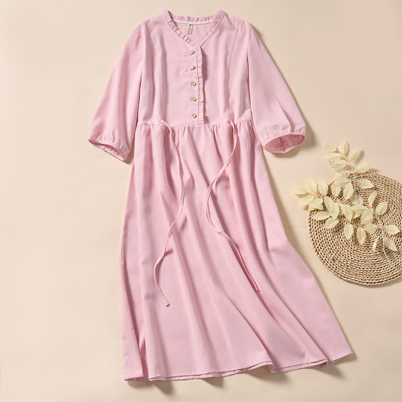 Buddha Stones Robe midi en coton à manches courtes, plissée et boutonnée, idéale pour les trajets d'été - Rose clair - US8-10，UK/AU12-14，EU40-42 (2XL) - image 6