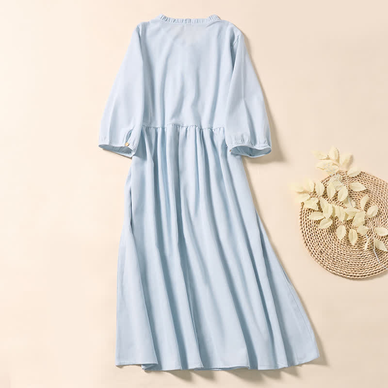Buddha Stones Robe midi en coton à manches courtes, plissée et boutonnée, idéale pour les trajets d'été - image 1