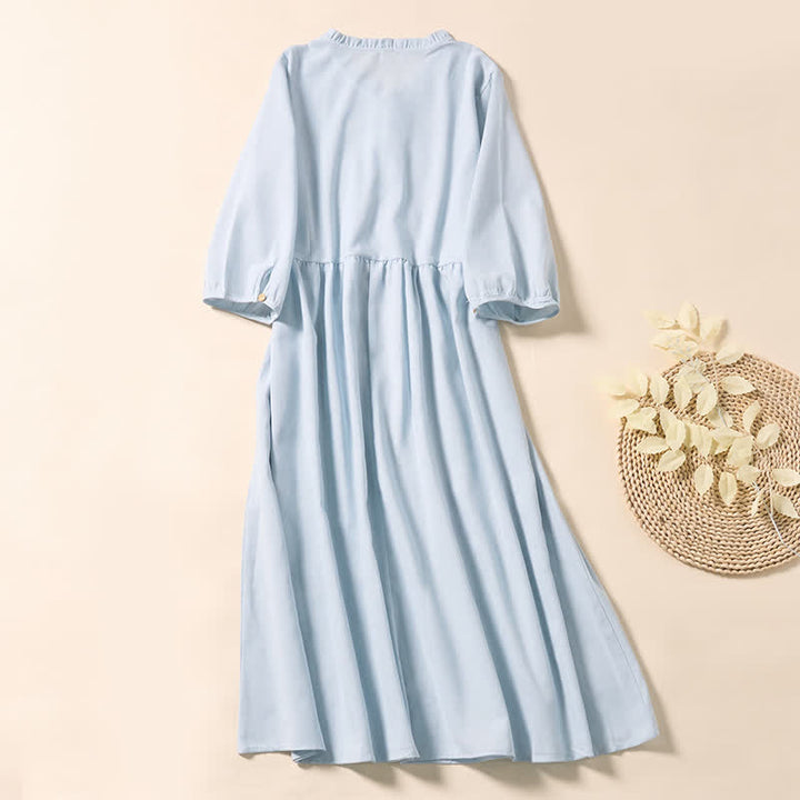 Buddha Stones Robe midi en coton à manches courtes, plissée et boutonnée, idéale pour les trajets d'été - image 1