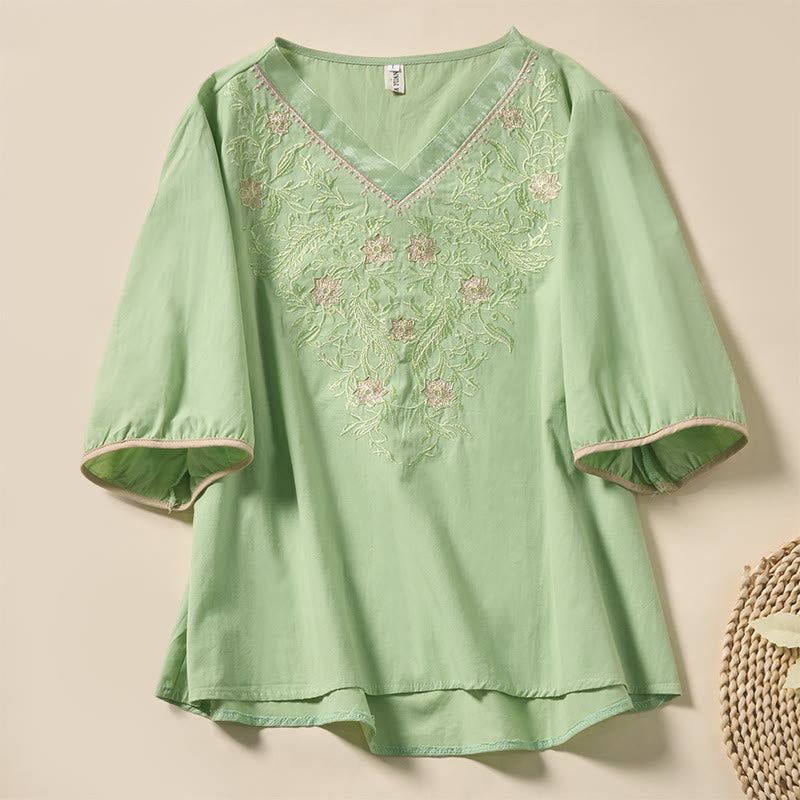 Buddha Stones T-shirt à manches courtes en polyester à motif floral décontracté et col en V pour femme - Vert clair - US8-10，UK/AU12-14，EU40-42 (2XL) - image 0