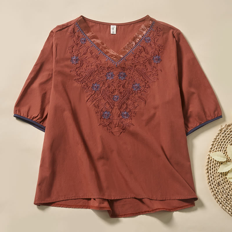 Buddha Stones T-shirt à manches courtes en polyester à motif floral décontracté et col en V pour femme - Rouge indien - US8-10，UK/AU12-14，EU40-42 (2XL) - image 6
