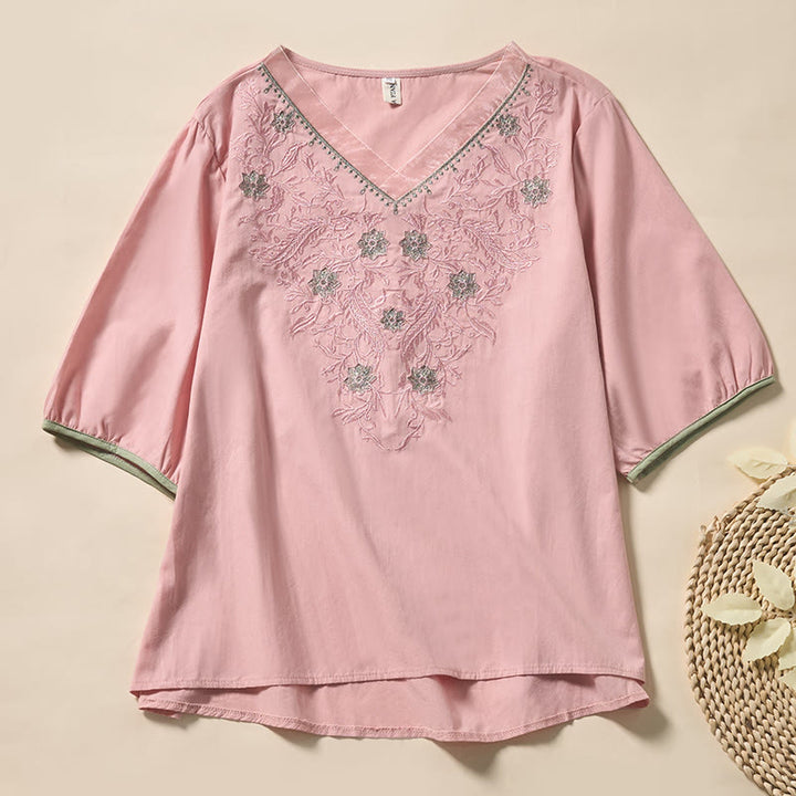 Buddha Stones T-shirt à manches courtes en polyester à motif floral décontracté et col en V pour femme - Rose - US8-10，UK/AU12-14，EU40-42 (2XL) - image 8