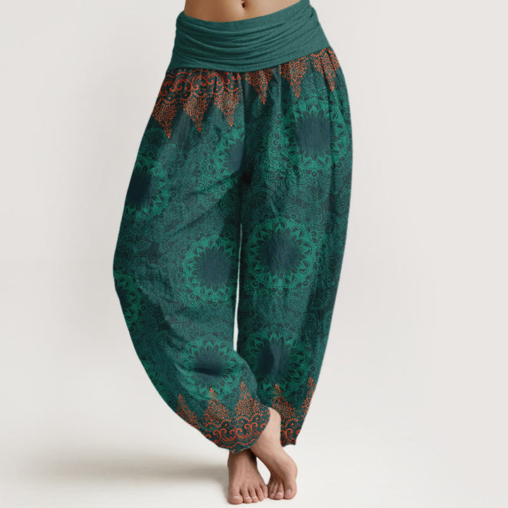 Pantalon sarouel femme en pur coton à motifs mandalas triangulaires et Buddha Stones, taille élastique - Vert mer moyen - US22，UK/AU26，EU54 (6XL) - image 14