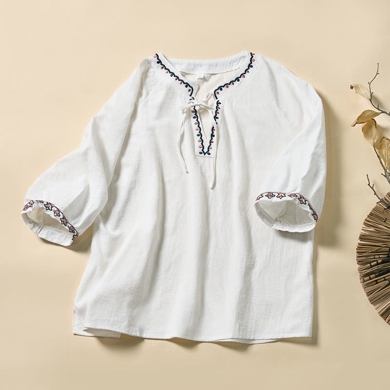 Buddha Stones Chemise d'été à manches courtes en coton, col en V, broderies et lacets, pour femme - Blanc - US12，UK/AU16，EU44 (3XL) - image 7