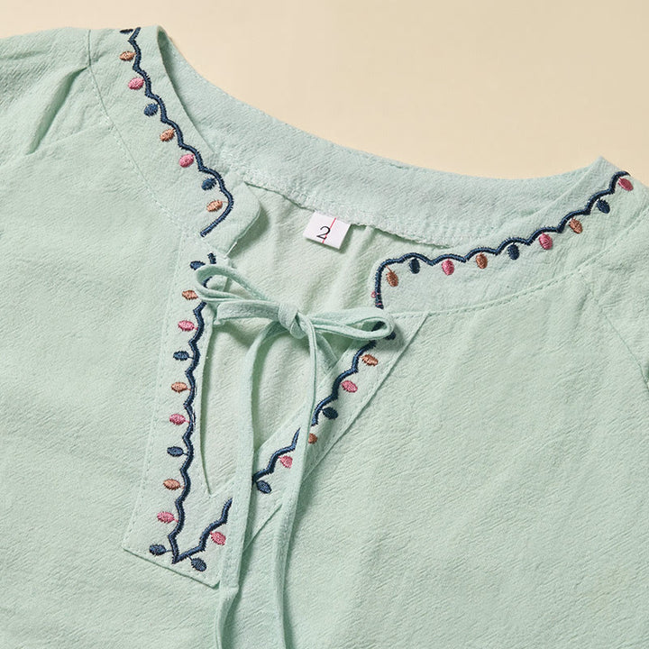 Buddha Stones Chemise d'été à manches courtes en coton, col en V, broderies et lacets, pour femme - image 2
