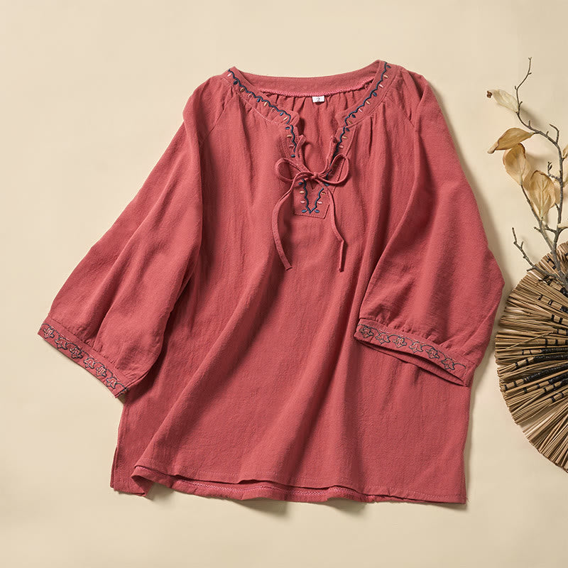 Buddha Stones Chemise d'été à manches courtes en coton, col en V, broderies et lacets, pour femme - Saumon - US12，UK/AU16，EU44 (3XL) - image 5