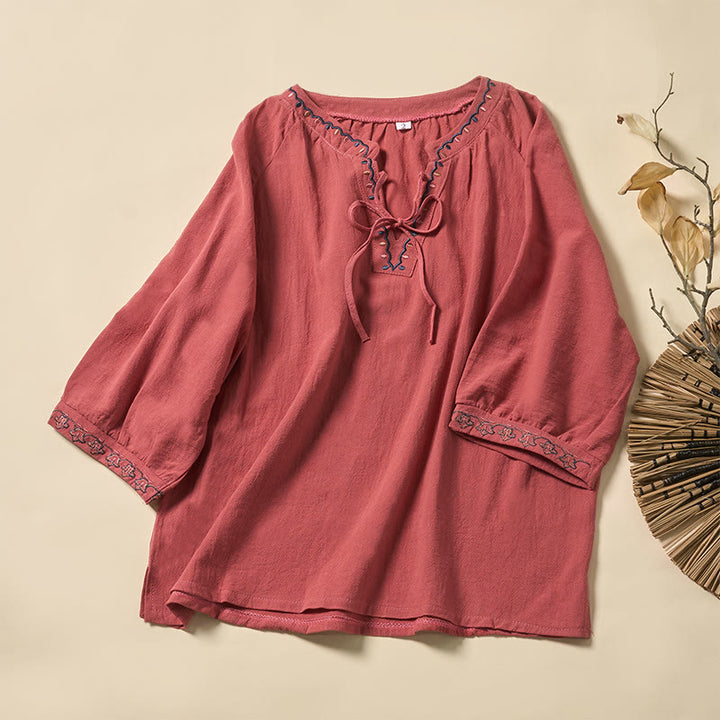 Buddha Stones Chemise d'été à manches courtes en coton, col en V, broderies et lacets, pour femme - Saumon - US12，UK/AU16，EU44 (3XL) - image 5