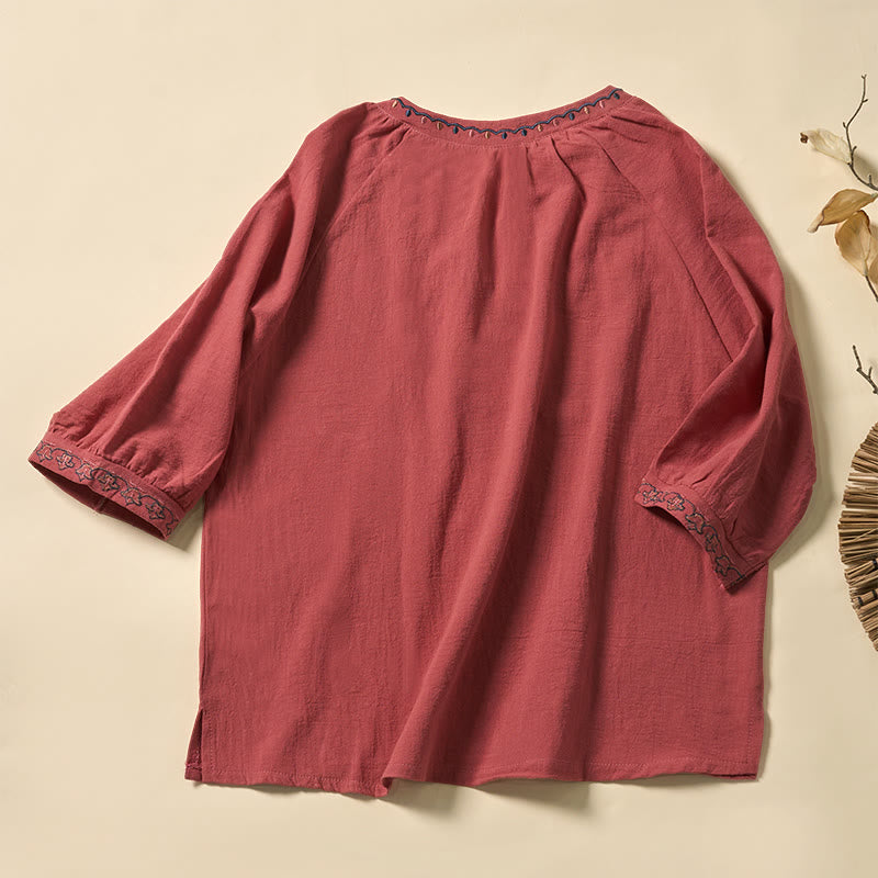 Buddha Stones Chemise d'été à manches courtes en coton, col en V, broderies et lacets, pour femme - image 6