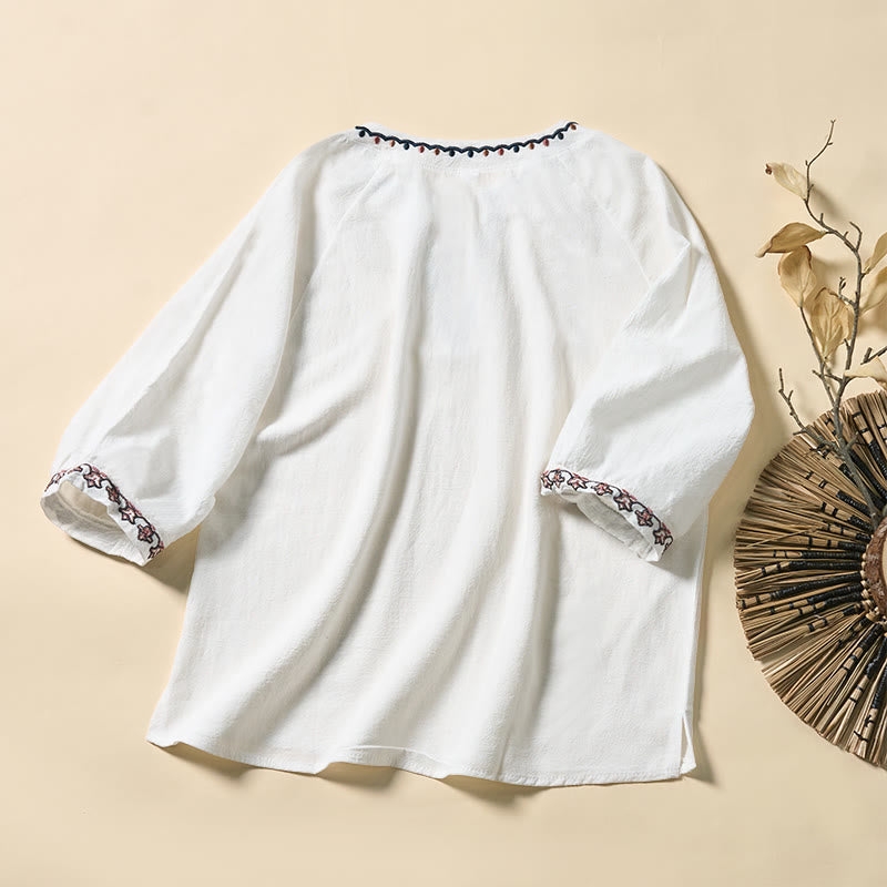 Buddha Stones Chemise d'été à manches courtes en coton, col en V, broderies et lacets, pour femme - image 8