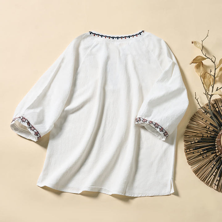 Buddha Stones Chemise d'été à manches courtes en coton, col en V, broderies et lacets, pour femme - image 8