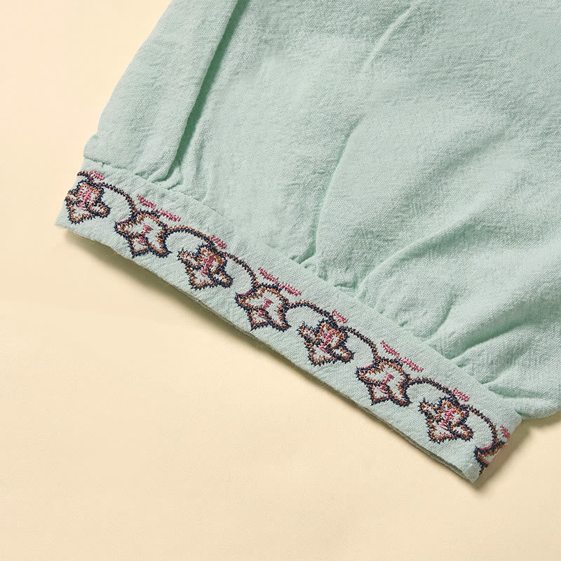 Buddha Stones Chemise d'été à manches courtes en coton, col en V, broderies et lacets, pour femme - image 3