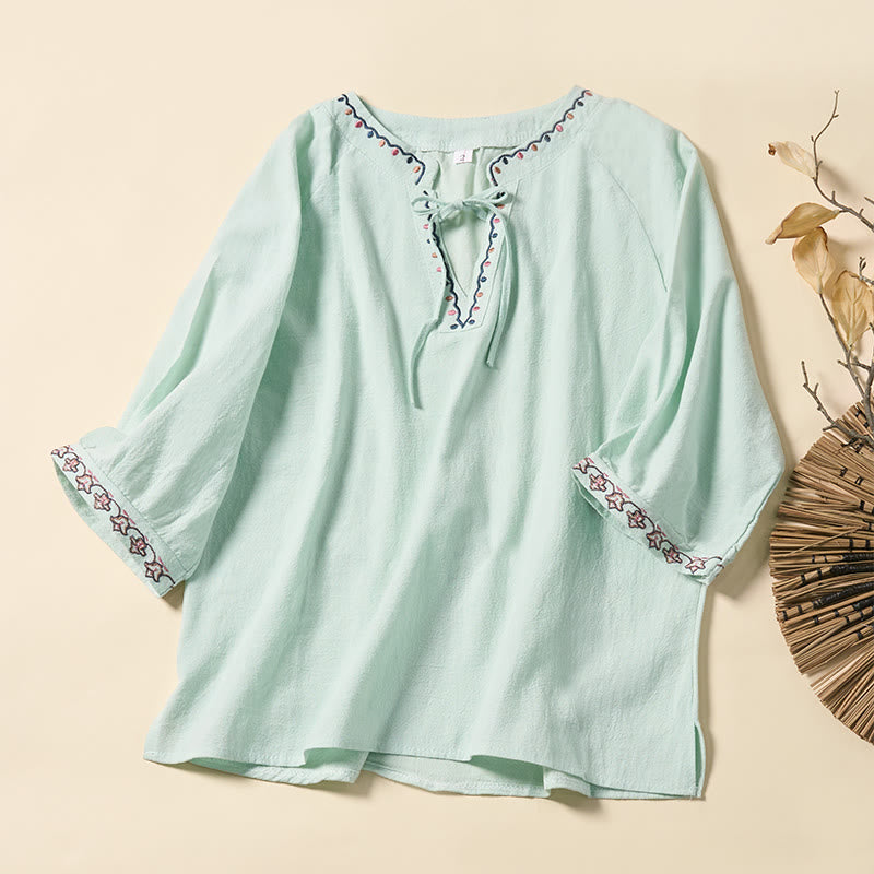 Buddha Stones Chemise d'été à manches courtes en coton, col en V, broderies et lacets, pour femme - Crème à la menthe - US12，UK/AU16，EU44 (3XL) - image 0