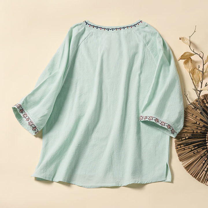 Buddha Stones Chemise d'été à manches courtes en coton, col en V, broderies et lacets, pour femme - image 1