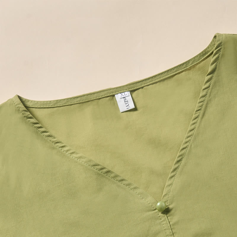 Buddha Stones Chemise d'été à manches courtes pour femme, col en V, couleur unie, ornée de boutons décoratifs - image 8