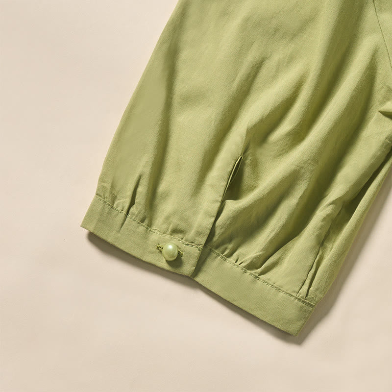Buddha Stones Chemise d'été à manches courtes pour femme, col en V, couleur unie, ornée de boutons décoratifs - image 11