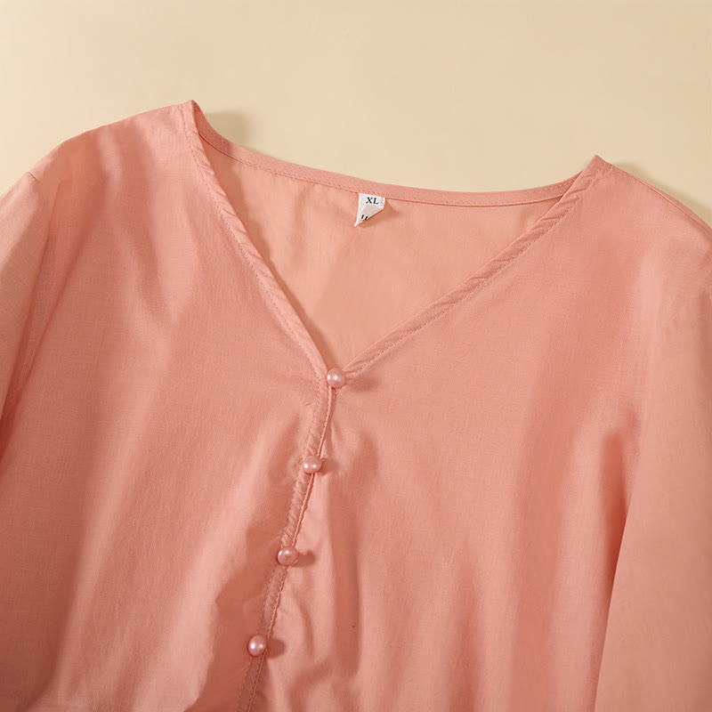 Buddha Stones Chemise d'été à manches courtes pour femme, col en V, couleur unie, ornée de boutons décoratifs - image 16