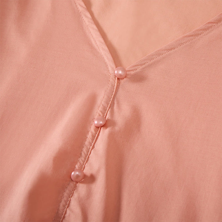 Buddha Stones Chemise d'été à manches courtes pour femme, col en V, couleur unie, ornée de boutons décoratifs - image 17