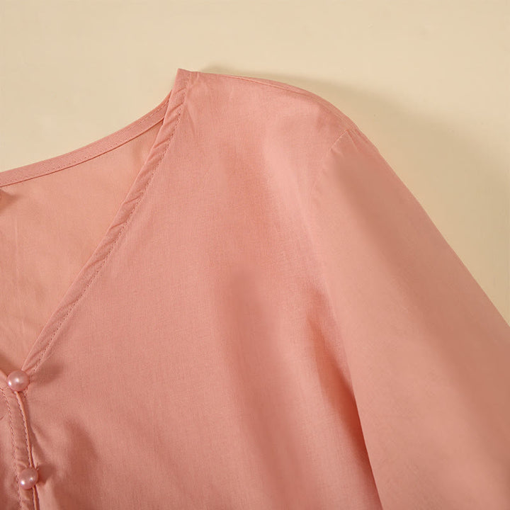 Buddha Stones Chemise d'été à manches courtes pour femme, col en V, couleur unie, ornée de boutons décoratifs - image 18