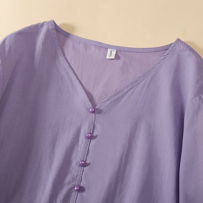 Buddha Stones Chemise d'été à manches courtes pour femme, col en V, couleur unie, ornée de boutons décoratifs - image 23