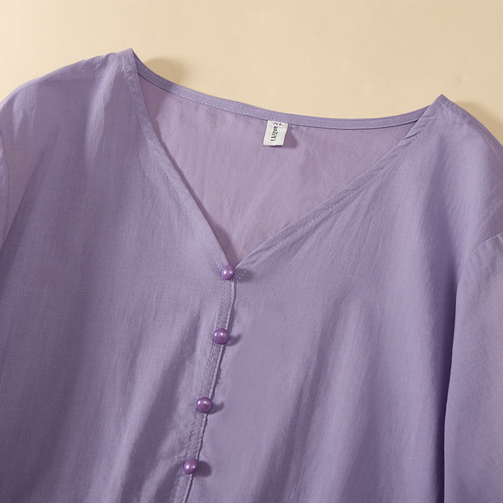 Buddha Stones Chemise d'été à manches courtes pour femme, col en V, couleur unie, ornée de boutons décoratifs - image 23