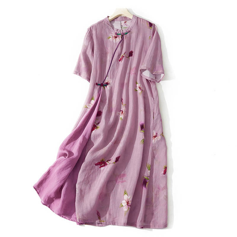 Buddha Stones Robe midi d'été à manches courtes, col montant et poches, ornée d'un motif floral orchidée - Rouge violet pâle - US12，UK/AU16，EU44 (3XL) - image 0