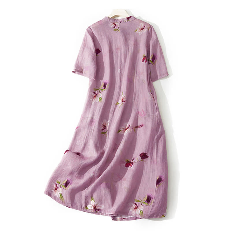 Buddha Stones Robe midi d'été à manches courtes, col montant et poches, ornée d'un motif floral orchidée - image 1