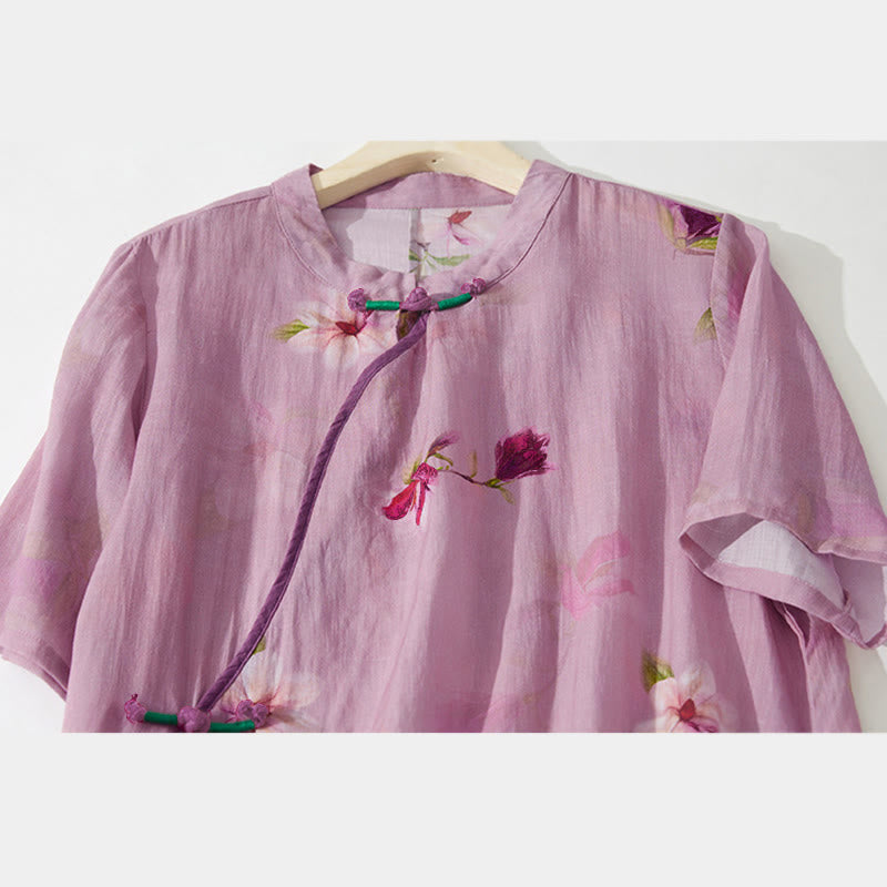 Buddha Stones Robe midi d'été à manches courtes, col montant et poches, ornée d'un motif floral orchidée - image 7
