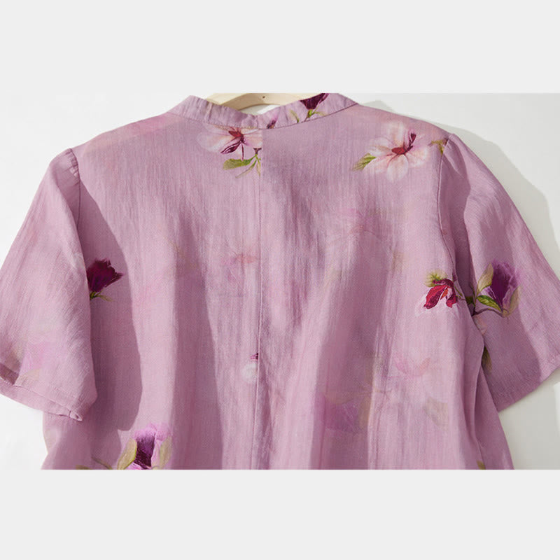 Buddha Stones Robe midi d'été à manches courtes, col montant et poches, ornée d'un motif floral orchidée - image 8