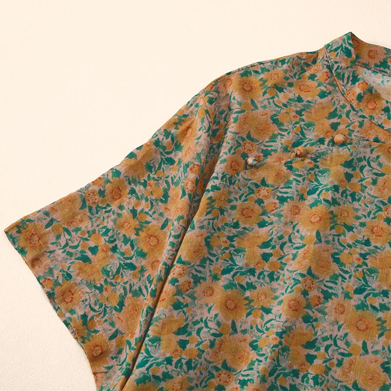Buddha Stones Chemise d'été en coton à manches courtes et col montant à boutons grenouille pour femme, motif floral - image 1