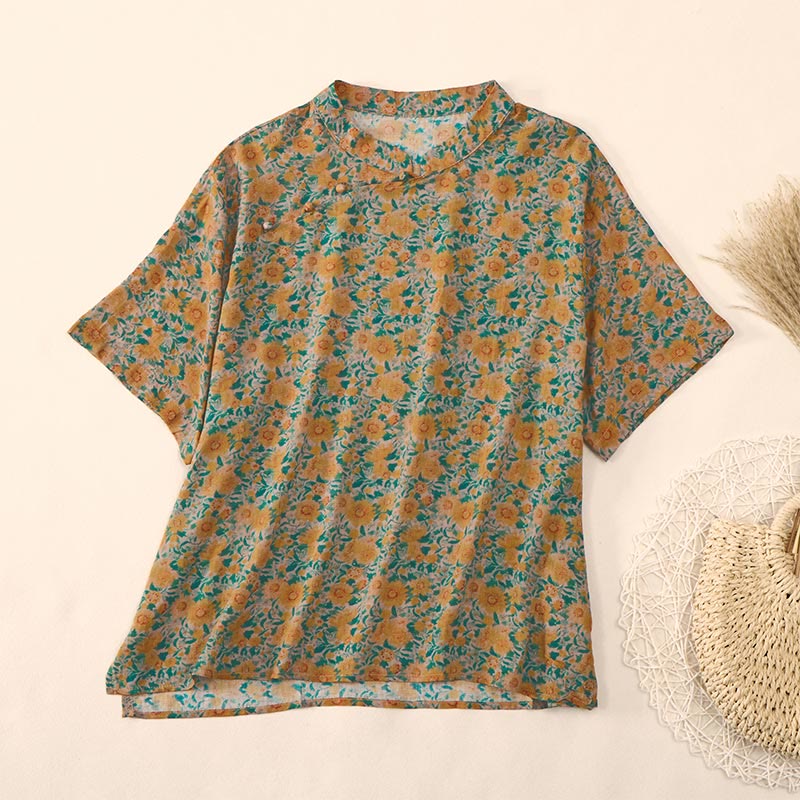Buddha Stones Chemise d'été en coton à manches courtes et col montant à boutons grenouille pour femme, motif floral - verge d'or - US12，UK/AU16，EU44 (2XL) - image 0