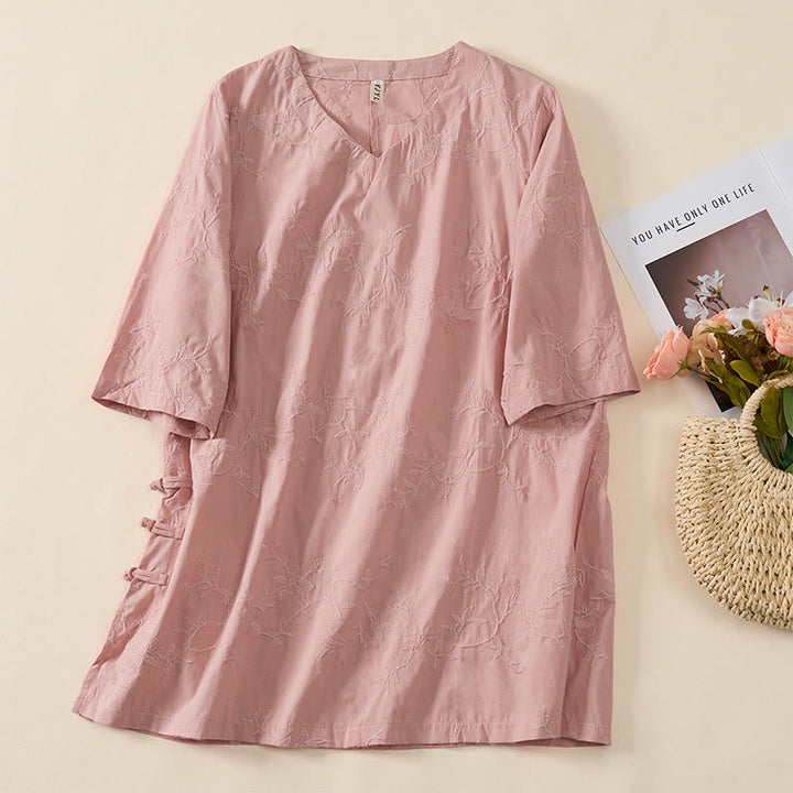 Buddha Stones Chemise en coton à manches longues et col en V pour femme, motif feuilles, idéale pour le printemps - image 3