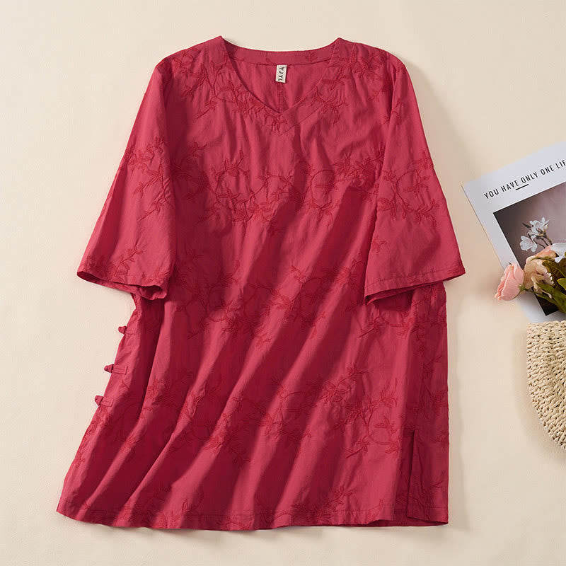 Buddha Stones Chemise en coton à manches longues et col en V pour femme, motif feuilles, idéale pour le printemps - Rouge - US8-10，UK/AU12-14，EU40-42 (2XL) - image 17