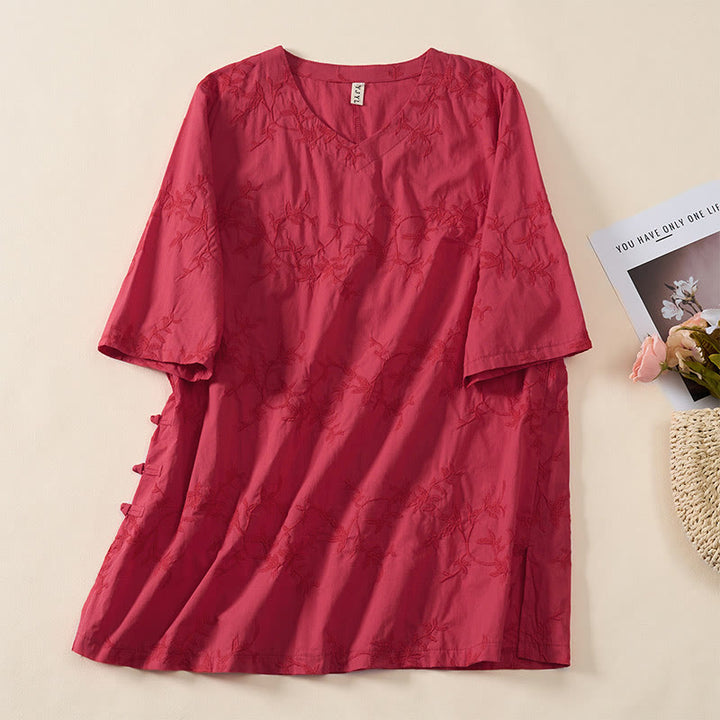 Buddha Stones Chemise en coton à manches longues et col en V pour femme, motif feuilles, idéale pour le printemps - Rouge - US8-10，UK/AU12-14，EU40-42 (2XL) - image 17