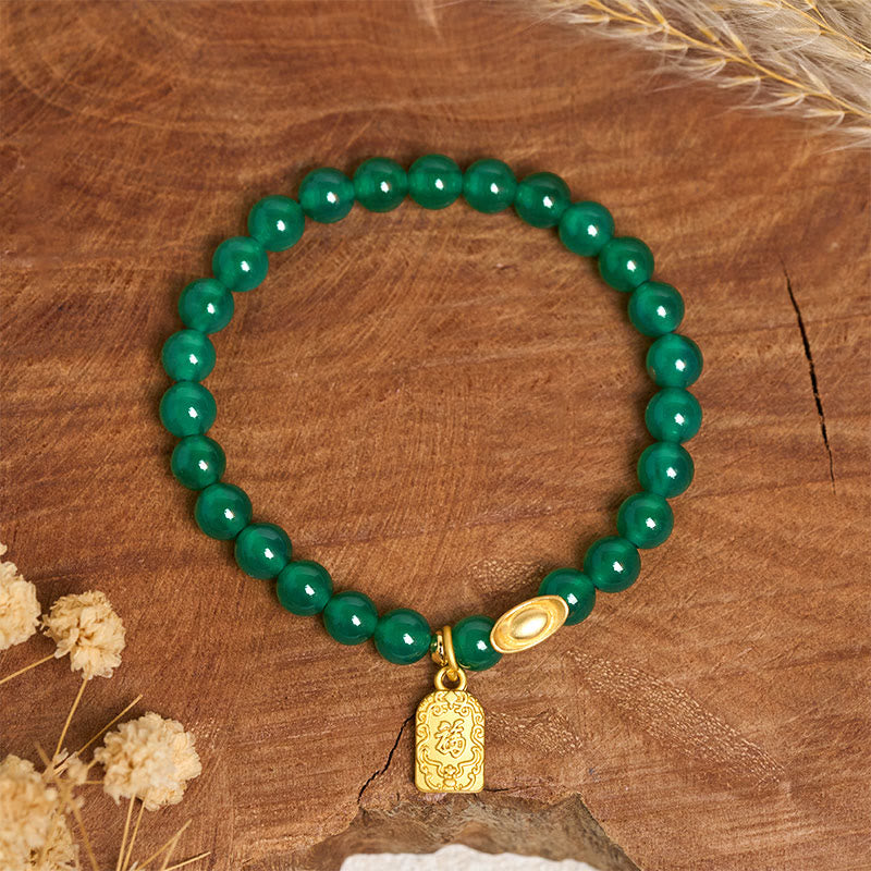 Bracelet de relaxation et d'espoir en agate verte avec lingot de Buddha Stones et symbole Fu - image 2
