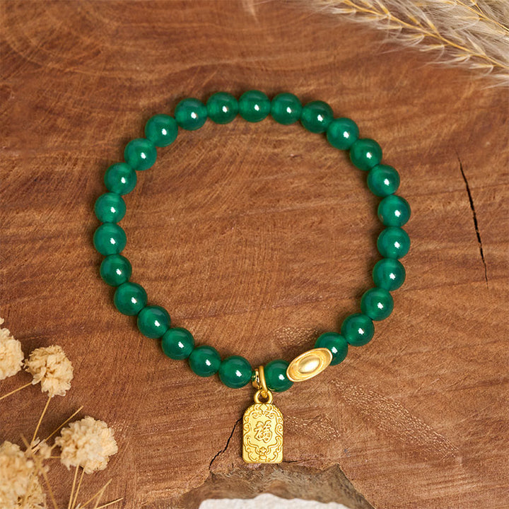 Bracelet de relaxation et d'espoir en agate verte avec lingot de Buddha Stones et symbole Fu - image 2