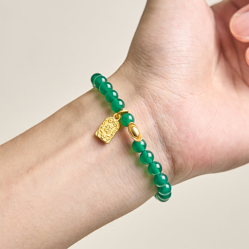 Bracelet de relaxation et d'espoir en agate verte avec lingot de Buddha Stones et symbole Fu - image 4