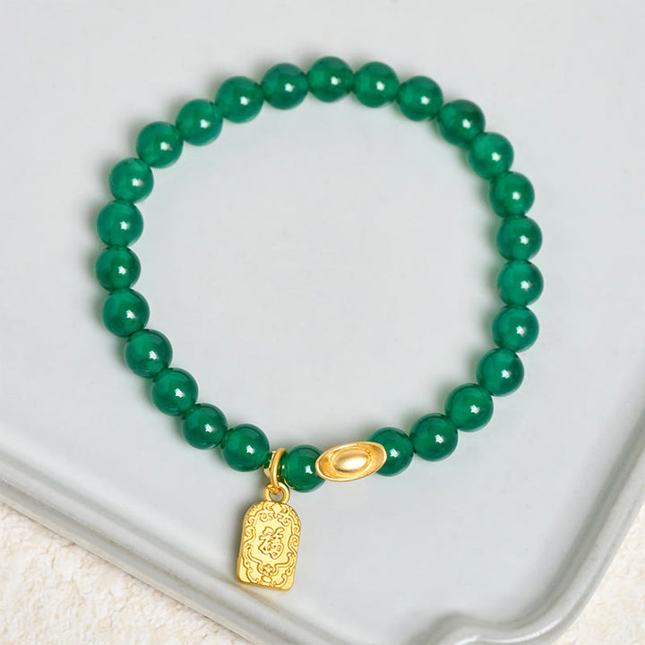 Bracelet de relaxation et d'espoir en agate verte avec lingot de Buddha Stones et symbole Fu - image 3