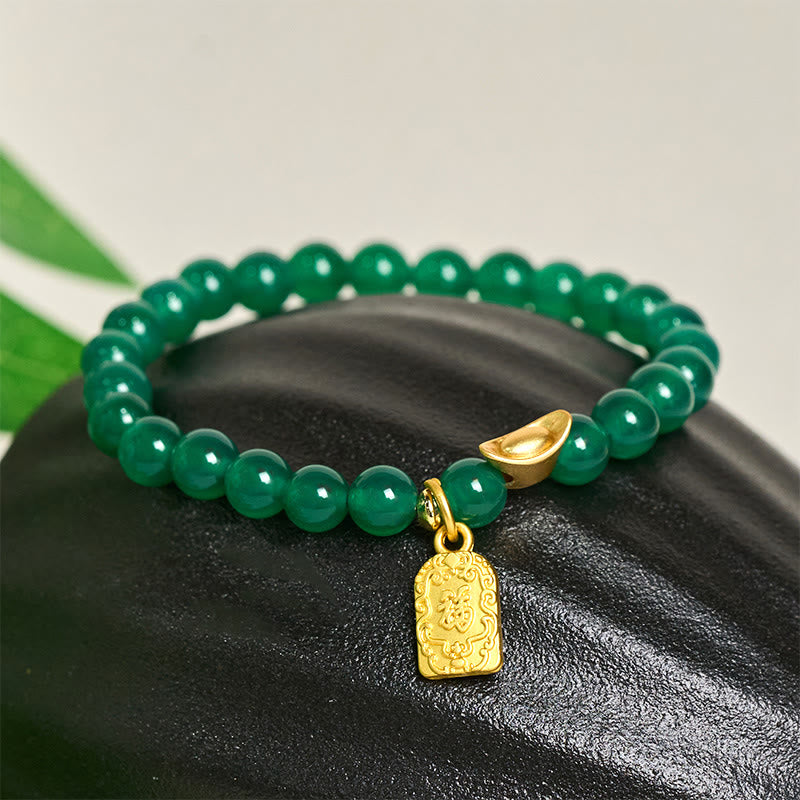 Bracelet de relaxation et d'espoir en agate verte avec lingot de Buddha Stones et symbole Fu - image 1