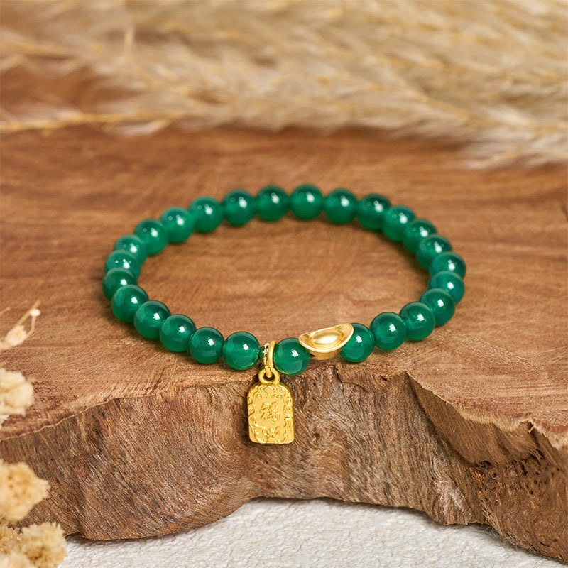Bracelet de relaxation et d'espoir en agate verte avec lingot de Buddha Stones et symbole Fu - Agate verte (Tour de poignet : 14-15 cm) - image 0