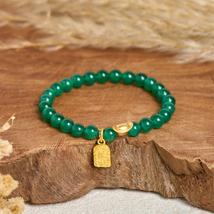 Bracelet de relaxation et d'espoir en agate verte avec lingot de Buddha Stones et symbole Fu - Agate verte (Tour de poignet : 14-15 cm) - image 0
