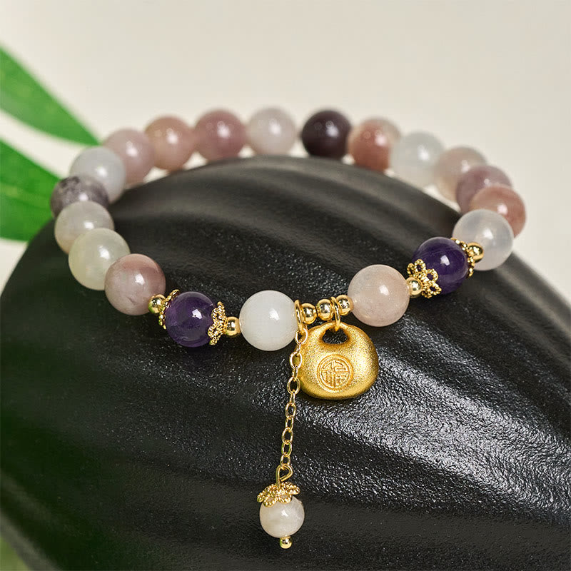Buddha Stones Bracelet en jade et soie dorée Fu représentant un lapin, symbole de protection contre les mauvais esprits - image 1