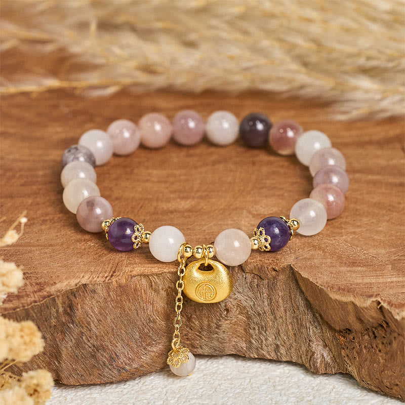 Buddha Stones Bracelet en jade et soie dorée Fu représentant un lapin, symbole de protection contre les mauvais esprits - Bracelet Fu en jade et soie dorée (Tour de poignet : 14-15 cm) - image 0